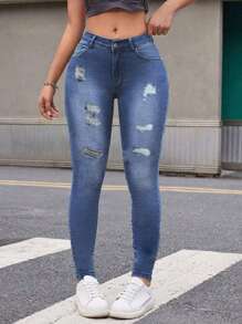 Pantalón Navidad Regalo de Navidad Un buen regalo de Mezclilla Azul, Skinny, Jeans Ajustados para Dama con Diseño Deslavado Casual -ZANA - Celeste - Ver 4