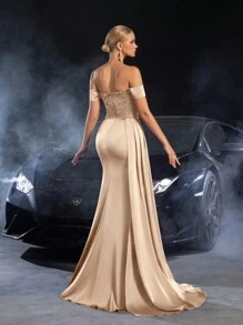 优雅亮片露肩连衣裙，侧边高开衩，鱼尾裙摆 | 奢华晚礼服，适合正式晚宴、婚礼或高端派对，亦可作为派对礼服或婚礼宾客礼服 - 香檳色 - 查看 3