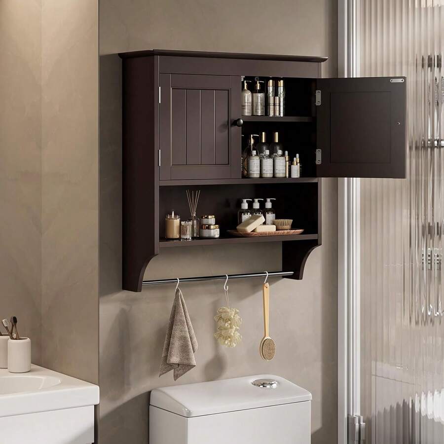 Bathroom Wall Cabinet With Towels Bar, Wall Mounted Medicine Cabinet With 2 Door And Adjustable Shelves, Space Saver Over Toilet Storage Cabinet For Bathroom Laundry Room Kitchen, Espresso, Christmas Gifts - 深灰色 - 查看 1