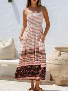 春夏可调节肩带中长款图案印花口袋连衣裙，印花连衣裙 - 白色 - 查看 1