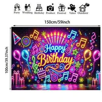 1pc Neon Music Birthday Party Backdrop Banner, Polyester Fiber Colorful Lights Effect Decoration For Indoor & Outdoor Events, Yard, Home & Garden Celebration