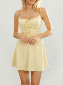 Women Plus Size Summer Mini Cami Dress Solid Color Sleeveless Tie Up Above Knee Party Dress - Màu vàng - Xem 6