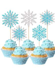 12PCS Glitter Snowflake Cupcake Toppers Winter Frozen Theme Cupcake Picks Winter Wonderland Cake Decorations For Snowflake Theme Birthday Merry Christmas Party Supplies Blue Silver - Multicolor - View 2