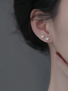 Unique Heart Shape Zirconia 925 Sterling Silver Stud Earrings Sweet Fine Earrings Women Daily Wear Waterproof