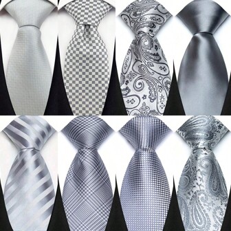 GOADAFOO Luxury 8CM Men Necktie Gray Sliver Color Dot Stripes Solid Tie For Man Groom Jacquard Woven Neck Tie For Business Wedding Party