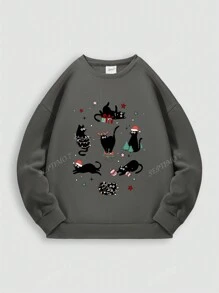Cartoon Kitten Print Sticker Dames Curve Oversize Herfst en winter Veelzijdig Thermisch gevoerd Oversized sweatshirt met ronde hals Losvallend Casual Straatsportstijl Lange mouwen Kleding voor koud weer Katoen Dames Plus Fluweel Comfortabel Grijs sweatshirt Sweatshirt Warme kleding Kleding voor koud weer