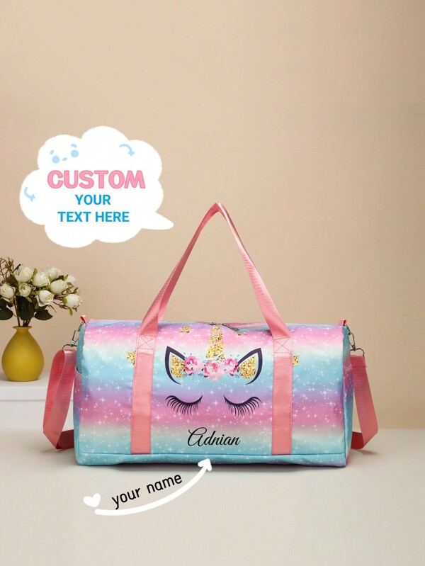 Angepasste Reisetasche, kann mit personalisierten Namen oder Urlaubsgrüßen Muster werden. Vielseitig, süß und mit lustigem Regenbogen-Einhorn-Motiv, lässig und vielseitig, großes Fassungsvermögen. Großes Volumen Yoga/Schwimmen/Fitness nass-trocken Trennung Training Sportgriff