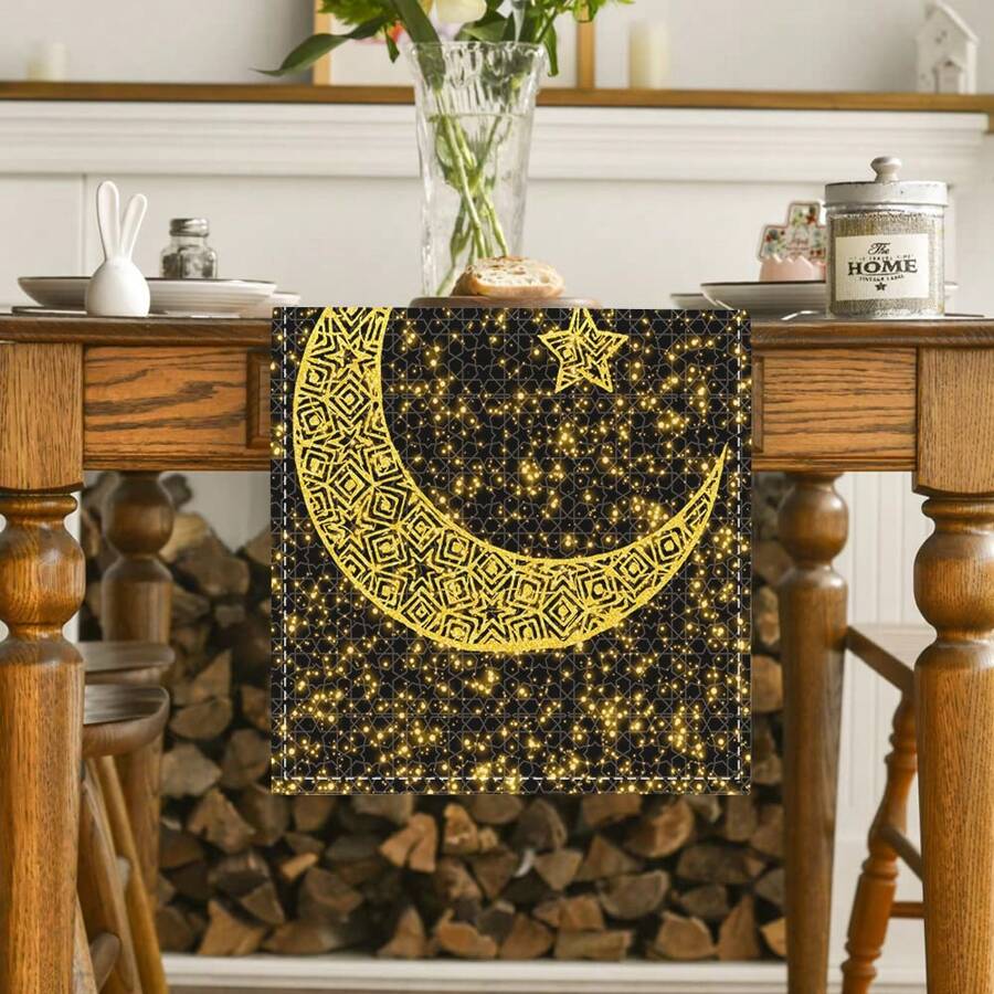 1 pieza Camino de mesa con estampado de luna, estrellas y flores, decoración para fiestas, regalos, casa de campo, lavable para uso interior y exterior, para mesa rectangular o redonda, decoración de cena - Ramadán C - Ver 1