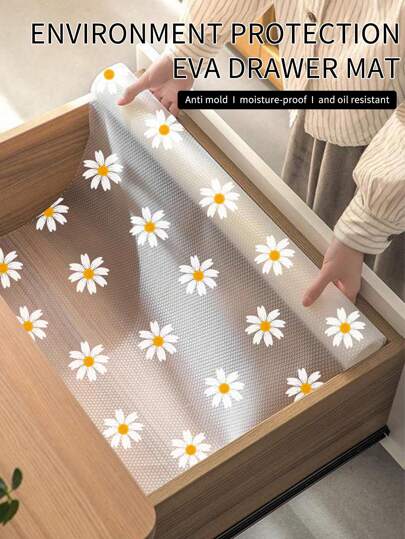 1 Roll Food Contact Grade MaterialDaisy Shelf Liner For Kitchen Cabinets,Non-Adhesive Drawer Liner,Non-Slip Refrigerator Liner,EVA Waterproof Fridge Pad Cupboard Mat Easy Placemats.