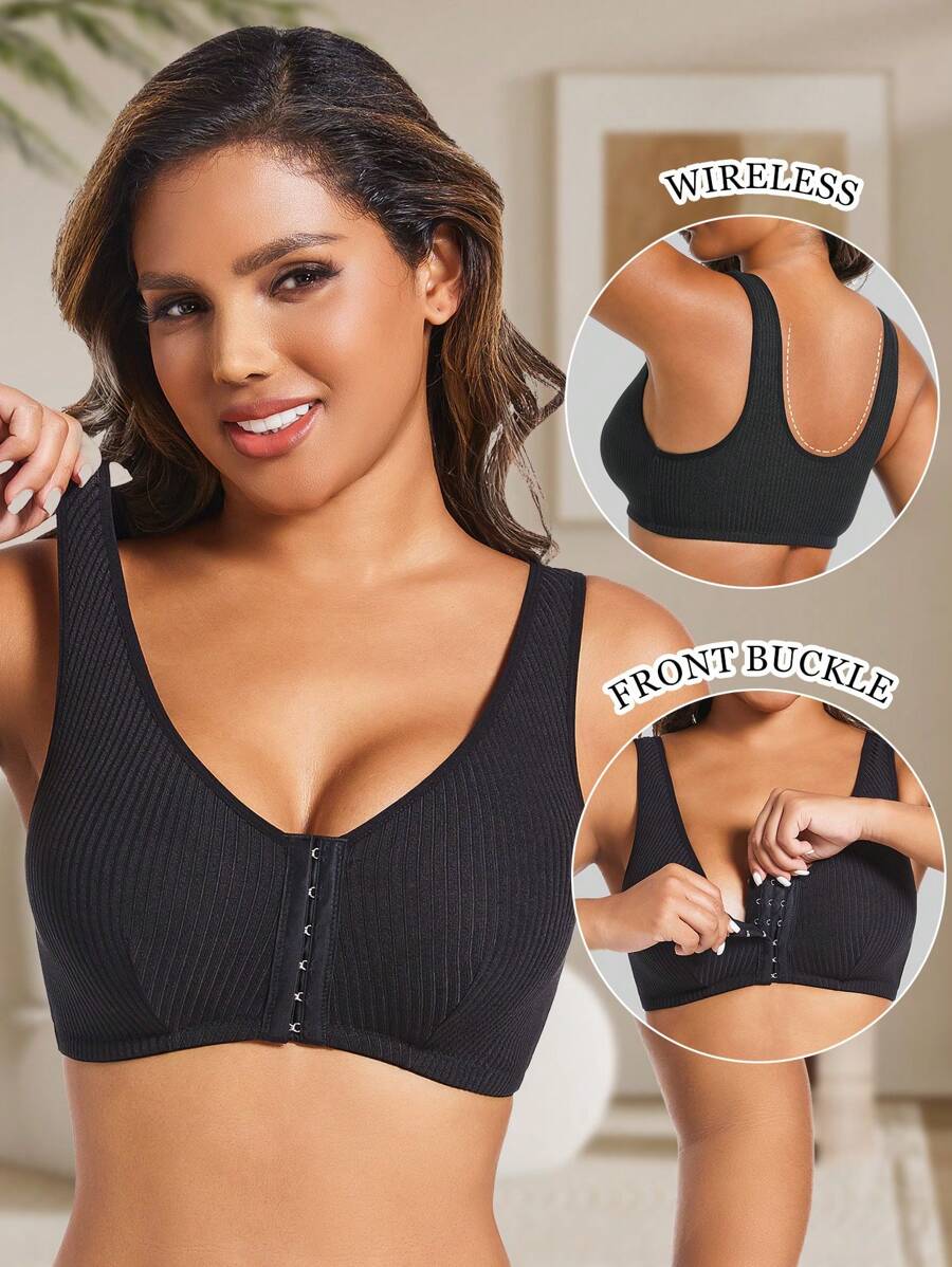 Women's Ribbed Front Clasp Fitness Bra, Sports Yoga Beautiful Back Underwear - Black - View 1