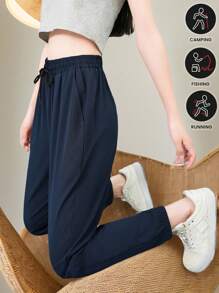 Women Quick Dry Workout Pants, Loose Fit Lightweight Drawstring Trousers, Breathable Summer Running 3/4 Leggings