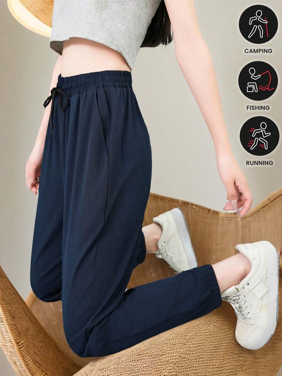 Women Quick Dry Workout Pants, Loose Fit Lightweight Drawstring Trousers, Breathable Summer Running 3/4 Leggings