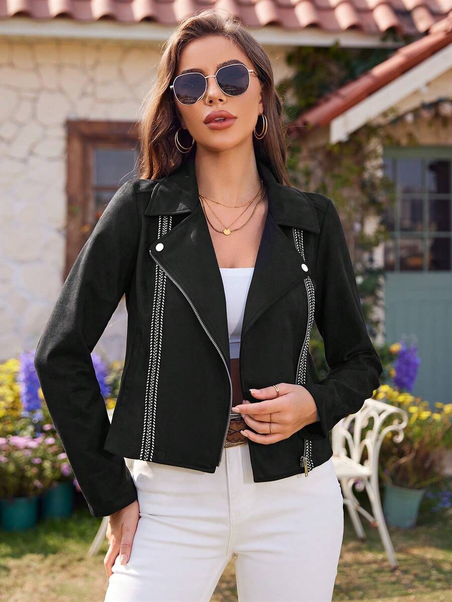 RELISH NOLESS Women's Black Short Faux Suede Biker Jacket With Contrast Trims - Black - View 1
