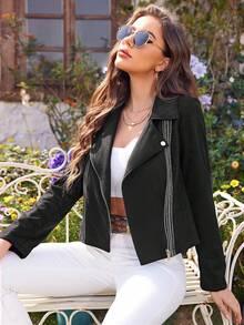RELISH NOLESS Women's Black Short Faux Suede Biker Jacket With Contrast Trims - Black - View 5