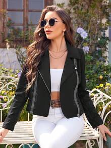 RELISH NOLESS Women's Black Short Faux Suede Biker Jacket With Contrast Trims - Black - View 4