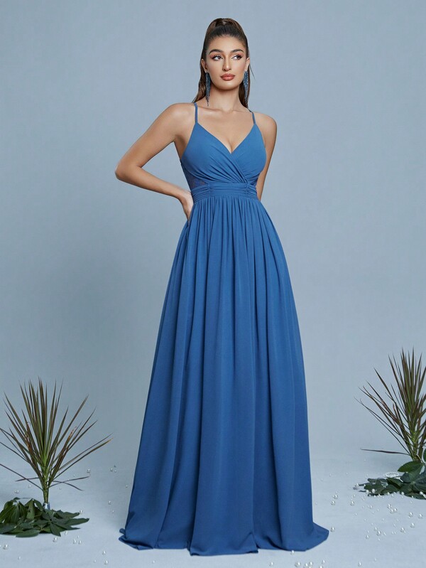 Solid Color Lace Patchwork Backless Halter Bridesmaid Dress