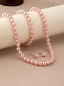 Bộ trang sức 4 món gồm vòng cổ + vòng tay + hoa tai đính hạt ngọc trai giả thanh lịch thời trang, phù hợp cho váy dạ hội, hẹn hò, tụ họp và tiệc tùng - hồng nhạt - Xem 4