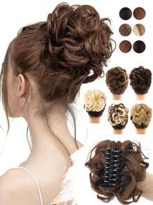Chignon synthétique en désordre avec pince à cheveux. Rallonges de queue de cheval bouclée et ondulée. Accessoires pour chouchou et chignon pour femmes. Pièce de chignon en désordre synthétique avec pince à cheveux. Chignons ébouriffés, rallonges de cheveux bouclés et faux chignons pour femmes