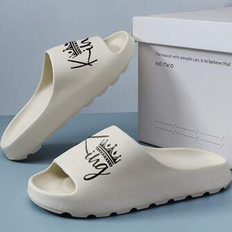 Women's Home Slippers, EVA Solid Color Text Thick Bottom Slides, Minimalist Versatile Sandals, Anti-Slip & Durable, Suitable For Outdoor Wear