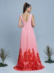 Mgiacy, Neuankömmling, V-Ausschnitt, Pailletten, Schleife, Romantisch, Chiffon, Muster, Brautjungfernkleid, Sonnenstrahlengefältelt, Langes Kleid - Pink - Übersicht 2