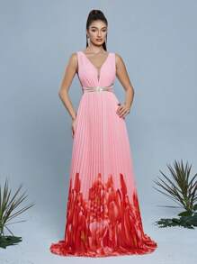 Mgiacy, Neuankömmling, V-Ausschnitt, Pailletten, Schleife, Romantisch, Chiffon, Muster, Brautjungfernkleid, Sonnenstrahlengefältelt, Langes Kleid - Pink - Übersicht 3