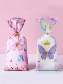 25 stuks roze paarse kroonvlindersnoepzakjes - Levendige verjaardagsfeestartikelen - Plastic koekjesverpakkingszak, geschikt voor bruidscadeaus, huwelijkscadeaus en verjaardagsfeestdecoratie