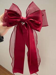1个酒红色欧根纱超大蝴蝶结波浪丝带双层布夹，春季优雅柔软发饰，适合春季情人节、情人节、圣诞节等场合，蝴蝶结、可爱、女士服装、头饰、发饰 - 酒紅色 - 查看 2