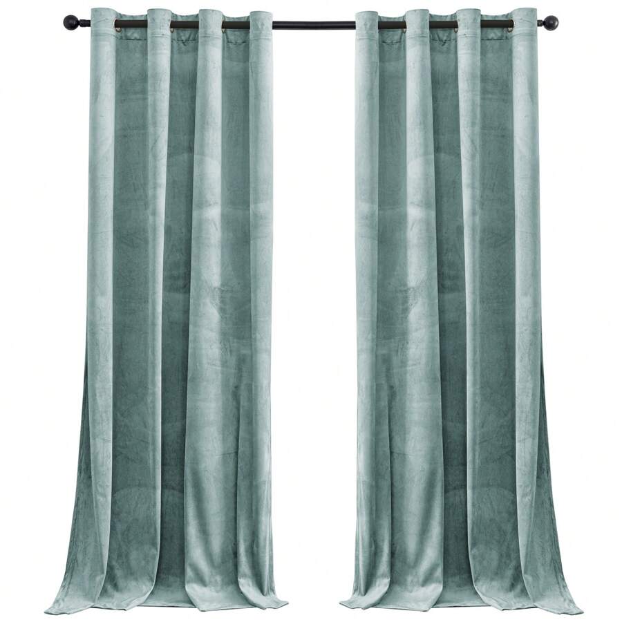 CYCMACO 2 Piece Velvet Indoor Curtains, Modern Bedroom Blackout Curtains With Eyelets, Cold Insulating Thermal Curtain For Living Room Lounge Children's Room - Xám xanh - Xem 1