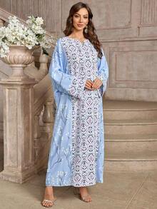 Geometric Print V-Neck Batwing Sleeve Patchwork Dress - Multicolor - View 6