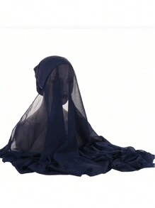 Instant Chiffon Hijab With Undercap Solid Color Basic Stretchy Pullover Headscarf Outdoor Thin Breathable Sunscreen Head Wrap - A - View 4