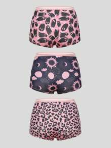 Dircho 3pcs Women Gothic Halloween Pink Leopard Print & Galaxy & Moon & Stars & Ghosts Print Contrast Binding Boyshorts, Comfy & Sofy & Silky Elastice Waist Intimates Panties, Women's Lingeries & Underwear - Multicolor - View 2