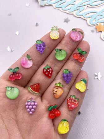 30pcs Resin Mixed Colorful Glitter Mini 3D Peach Pear Grape Apple Cherry Lemon Persimmon Radish Fruit Foods Nail Art Flat Back Rhinestone Applique DIY Jewelry Accessories Decor Crafts Summer, School