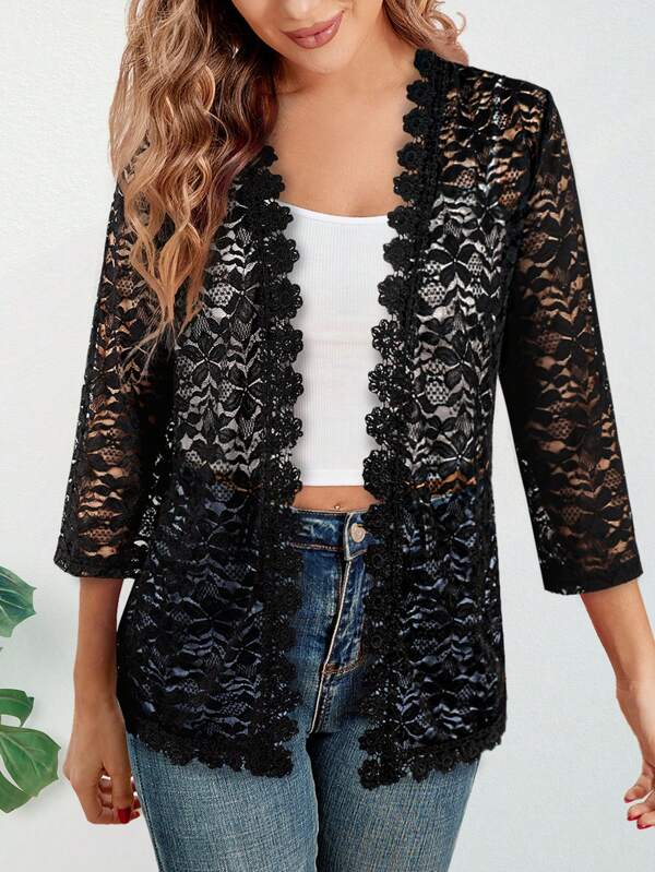 Yukiwi Ladies' Solid Color Lace Patchwork Elegant Casual Open Front Coat