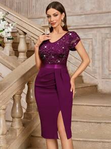 MIUSOL Vestido de cóctel ajustado con escote dividido, mangas abullonadas, encaje y lentejuelas, vestido de mujer semiformal para invitada de boda, graduación, cena