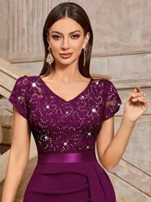 MIUSOL Vestido de cóctel ajustado con escote dividido, mangas abullonadas, encaje y lentejuelas, vestido de mujer semiformal para invitada de boda, graduación, cena