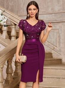 MIUSOL Vestido de cóctel ajustado con escote dividido, mangas abullonadas, encaje y lentejuelas, vestido de mujer semiformal para invitada de boda, graduación, cena