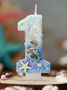 1 pieza Vela de cera con tema de océano en degradado azul con espiral de concha y números digitales del 0 al 9, decoración de tarta con tapa de concha y estrella de mar para cumpleaños