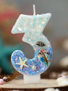 1 pieza Vela de cera con tema de océano en degradado azul con espiral de concha y números digitales del 0 al 9, decoración de tarta con tapa de concha y estrella de mar para cumpleaños