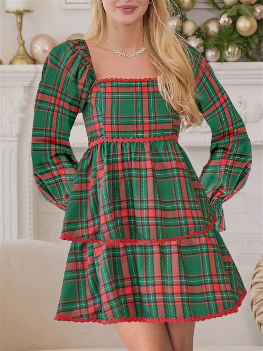 Women Christma Dress Plaid Square Neck Lace Trim Puff Sleeve Babydoll Mini Dress Gingham Ruffle Tiered Flowy Dress - Green - View 1