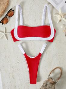 Bikinx Contrast Color Stitching Simple Women's Swimwear Set For Beach Vacation Summer - Red and White - View 1