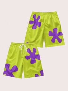 AICJ 1pc Men Polyester Casual Shorts Sleep Bottoms - Regular Fit, Non-Stretchy Woven Fabric, Drawstring Waistband, Pockets, Quick-Drying, Cartoon Floral Pattern, Suitable For Outdoor, Beach, Travel - Spring/Summer Sleep Shorts