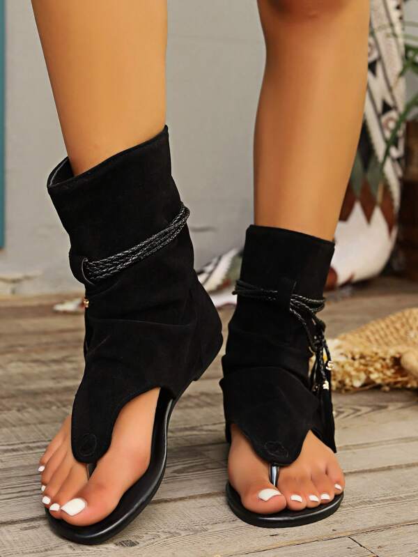 Women's Brown Sandals, New 2024 Model, Retro Round Toe Ankle Boots, Fashion Versatile Thong Fringe Roman High-Top Shoes