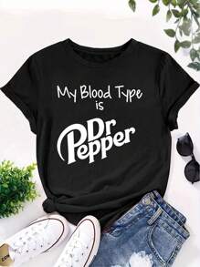 My Blood Type Is  Pepper Print Short Sleeved Casual Women T-Shirt Round Neck Women Graphical Female Summer T Shirt Clothing Tee Tops - 黑色 - 查看 1