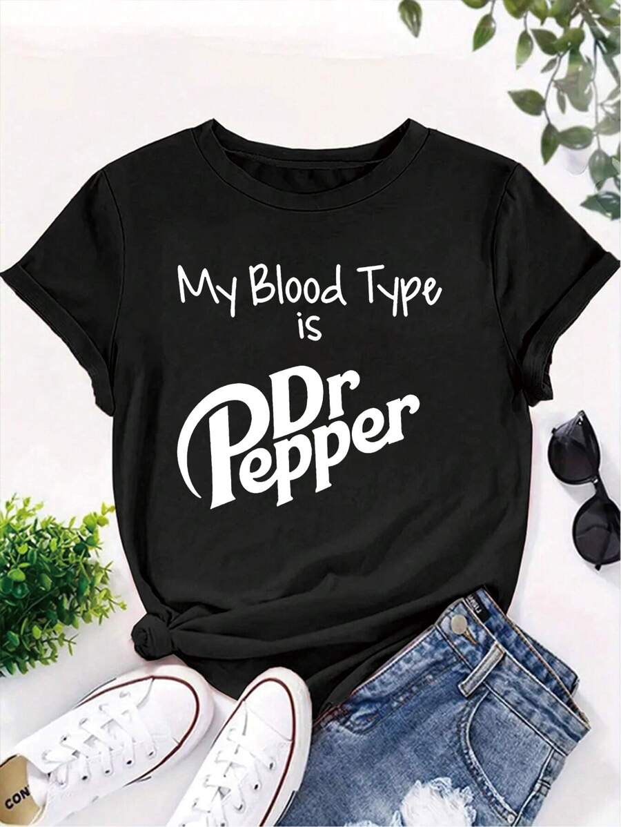 My Blood Type Is  Pepper Print Short Sleeved Casual Women T-Shirt Round Neck Women Graphical Female Summer T Shirt Clothing Tee Tops - 黑色 - 查看 1