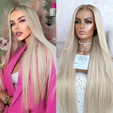 28 Inch Long Straight Blonde Hair Synthetic Lace Front Wigs Ash Blonde Ombre Colored Glueless 13*4 HD Lace Wigs Pre Plucked Natural Hairline Long Straight Wigs For Women - 漸層灰金髮 - 查看 1