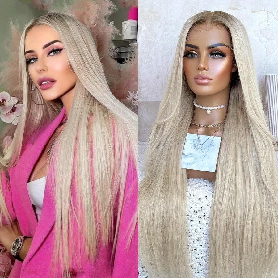 28 Inch Long Straight Blonde Hair Synthetic Lace Front Wigs Ash Blonde Ombre Colored Glueless 13*4 HD Lace Wigs Pre Plucked Natural Hairline Long Straight Wigs For Women - 漸層灰金髮 - 查看 1