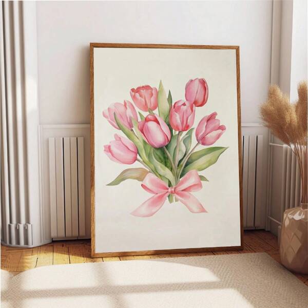 1 Piece Botanical Tulips , Pink Bow Wall Art, Pink Home Decor, Girl Gift, Tulips Watercolor Painting, Spring Decor - Perfect For Bedroom, Living Room, Hallway, BathroomPerfect Home Gift Choice - Canvas (Framed)