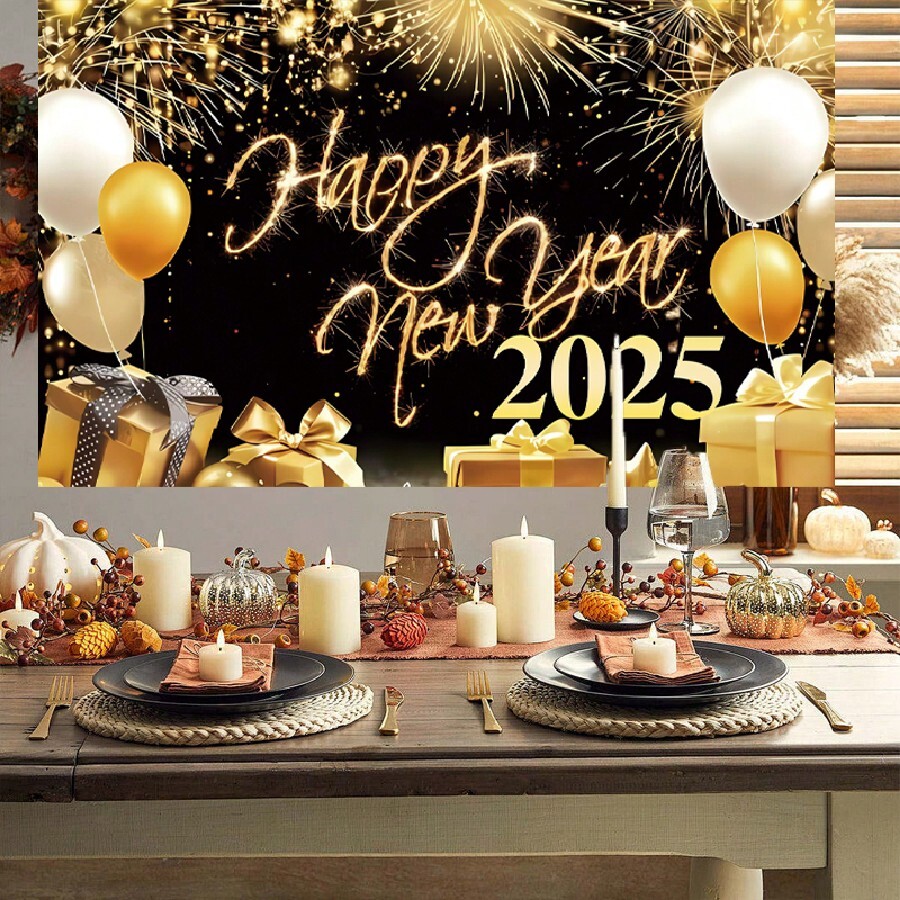 2025 New Year's Eve Party Flag, New Year Decoration, Black Background