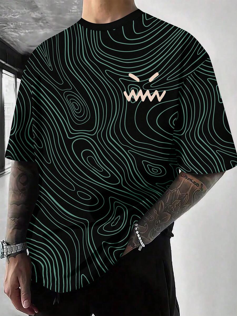 男士休闲图形线条印花短袖 T 恤 - 彩色 - 查看 1