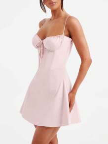 Women Summer Mini Cami Dress Solid Color Sleeveless Tie Up Above Knee Party Dress